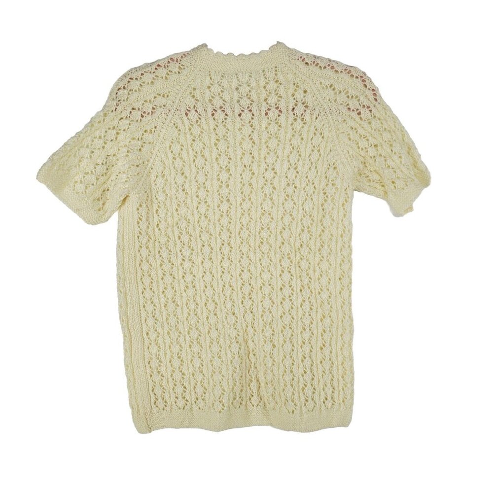 Vintage 70s Handmade Womens Sweater S M Ivory Retro Cottage Eyelet Granny Boho - Picture 2 of 7